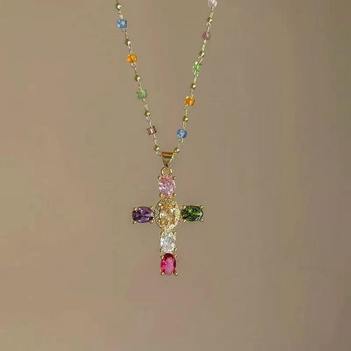 Color Cross Contrast Crystal Necklace Female Superflash Zircon Clavicle Chain Gift Featuring Pearl Design Niche Sense