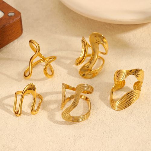 Hyperbole Punk Style Jewelry 18K Gold Plated Stainless Steel Irregular Geometric Stripe Hollow Open Ring