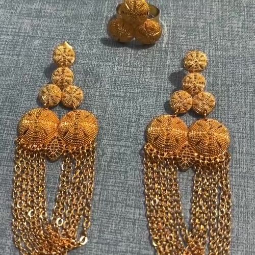 24K Gold Plated Flower Hollow Ring Earring Set Bridal Wedding Jewelry