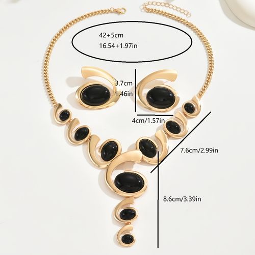 1 Set Boho Classic 2pcs Women'S Jewelry Set, Spiral Snail Shape with Black Rhinestone Inlay, Y-Necklace and Earrings, Alloy, Versatile for Daily and Party Wear