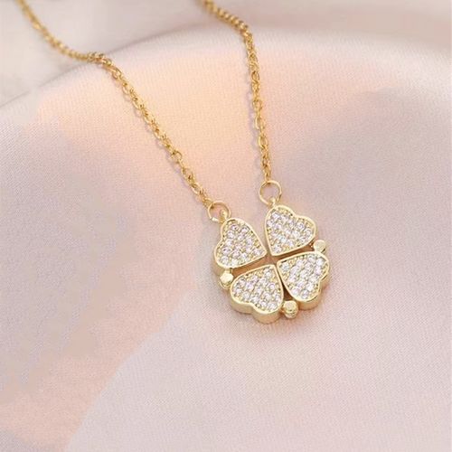 Creative & Personalized 2-in-1 Four-leaf Clover & Interlocking Heart Convertible Foldable Necklace, Light Luxury Style, Fashionable & Versatile