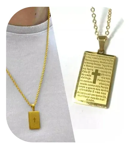 Colar com Pingente Placa Pai Nosso Banhado a Ouro.