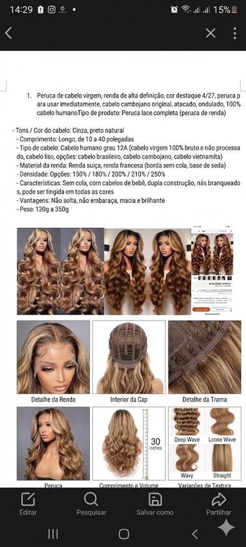 Peruca Lace  de Cabelo Humano Virgem (Grau 12A).