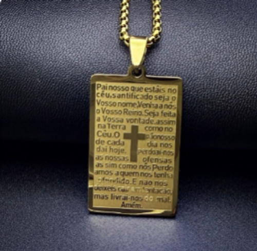 Colar com Pingente Placa Pai Nosso Banhado a Ouro.