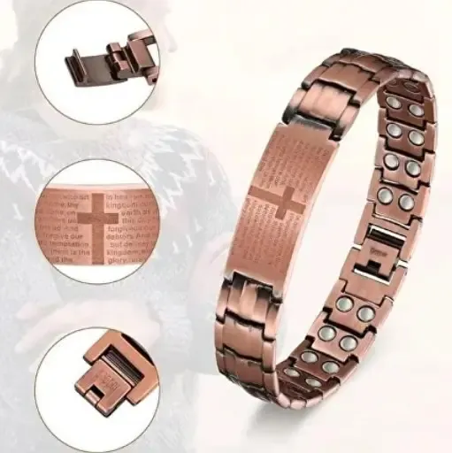 Pulseira Magnética de Cobre Terapêutica – Modelo Cross Oração
