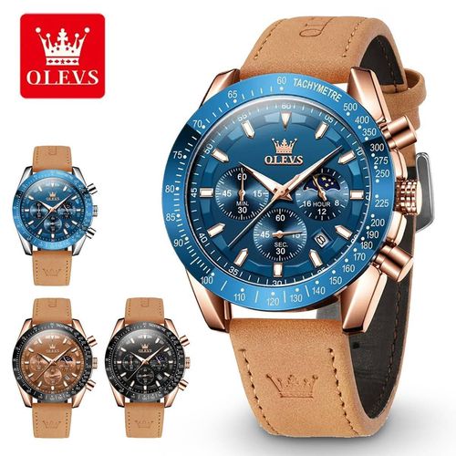 Relógio Masculino OLEVS Cronógrafo com Fase Lunar e Pulseira de Couro.