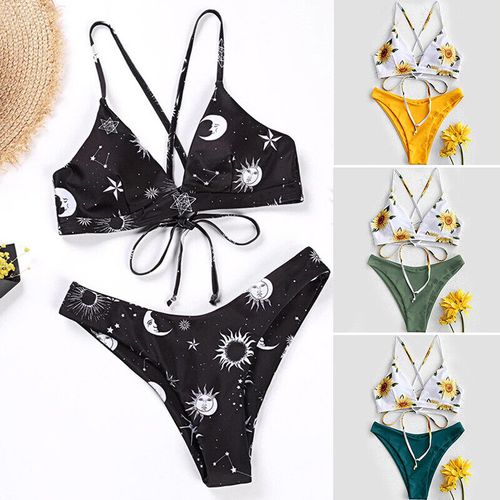 Women Boho Beach Sunflower Bikini Set Strappy Swimsuit Swimwear Bathing Suit