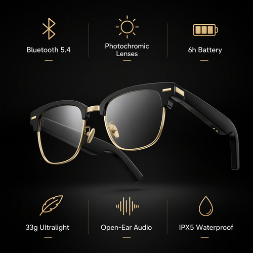 AI Translation Smart Bluetooth Glasses GS06, Metal Frame, Magnetic Charging, Photochromic Lenses, Dual-channel Stereo Sound
