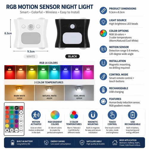 RGB Rechargeable Motion Sensor Night Light Magnetic LED Spotlight Gradient Atmosphere Lamp Wall Light for Closet Hallway