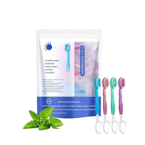 All-in-one oral care on the go! This 5 in 1 mini toothbrush includes floss, tongue scraper, and toothpaste for quick, no-rinse cleaning perfect for travel and busy mornings.