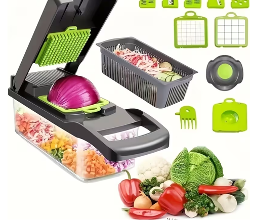 14-in-1 Multifunctional Vegetable Chopper with Large Capacity Collector | Stainless Steel Blades, Manual Operation, Includes Egg Separator, Easy to Clean, Ideal for Dicing, Slicing, and Grating Vegetables and Fruits