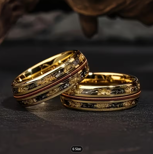 Gold Plated Tungsten Men'S Guitar String Band Ring Set - Unique Mosaic Sequins Design, Stylish, Durable And Waterproof - Perfect Gift for Boyfriend, Father Or Any Music Lover