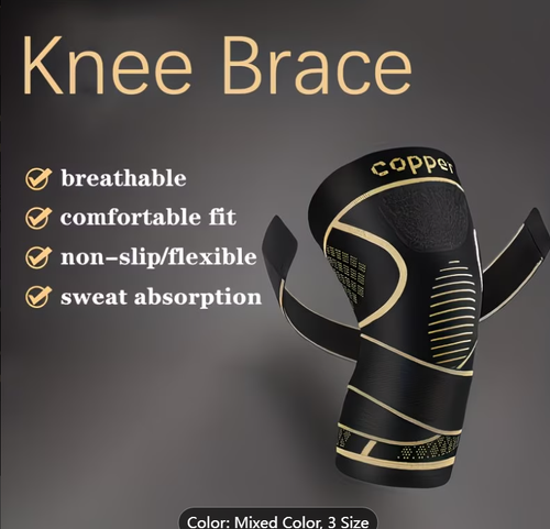 1pc Black Copper Knee Brace with Strap, Nylon Blend Compression Sleeve for Men, Modern Design, Strapfast Closure, Comfortable and Durable, Ideal for Daily Activities, Breathable and Stable Support