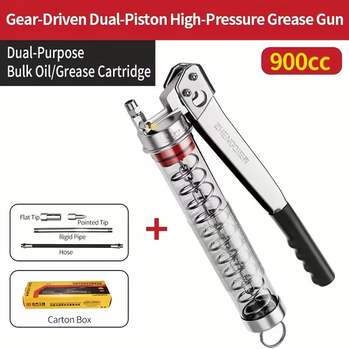 Black Transparent Grease Gun with 900cc Capacity, Gear Double-Stroke More Effortless Design,