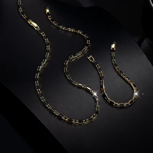 LJTCP💎 Mens Black Gold Jewelry Set Sparkling Necklace and Bracelet Premium Street Luxe Style