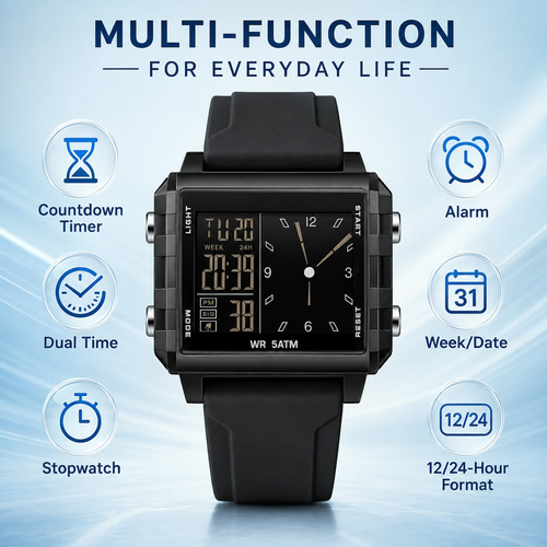 LJTCP⌚ Analog Digital Sport Watch 5ATM Water Resistant Luminous Multi Function Unisex Watch