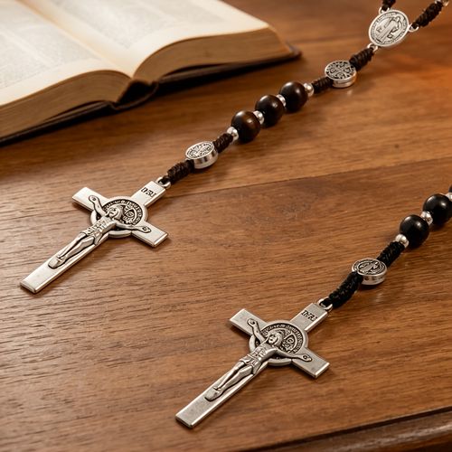 py✨ Catholic Rosary Necklace – Wooden Beads Crucifix & Religious Medal