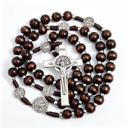 py✨ Catholic Rosary Necklace – Wooden Beads Crucifix & Religious Medal