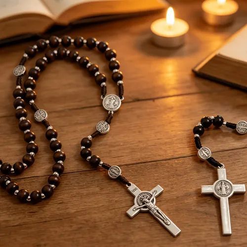 py✨ Catholic Rosary Necklace – Wooden Beads Crucifix & Religious Medal