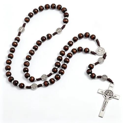 py✨ Catholic Rosary Necklace – Wooden Beads Crucifix & Religious Medal