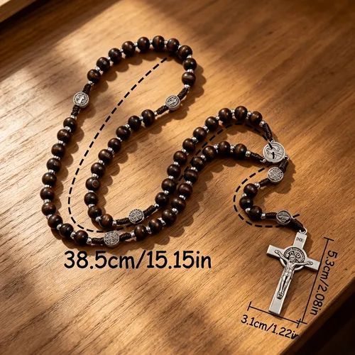 py✨ Catholic Rosary Necklace – Wooden Beads Crucifix & Religious Medal