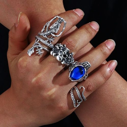 复古霸气龙头戒指开口可调节男士指环嘻哈堆叠戒指套装