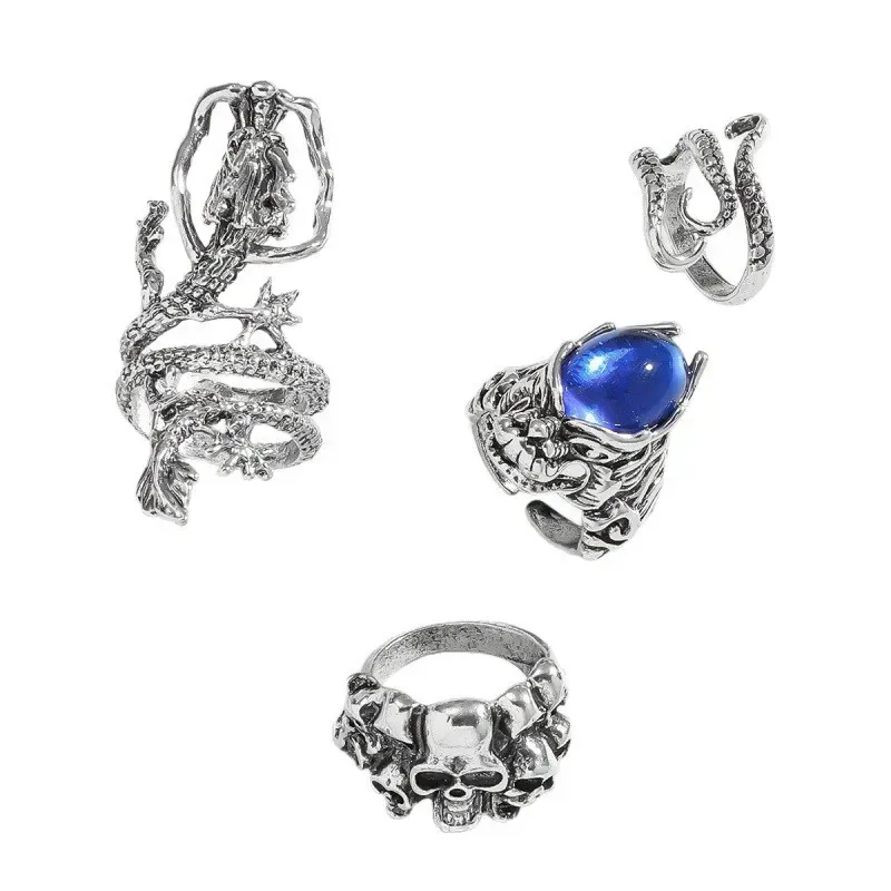 复古霸气龙头戒指开口可调节男士指环嘻哈堆叠戒指套装