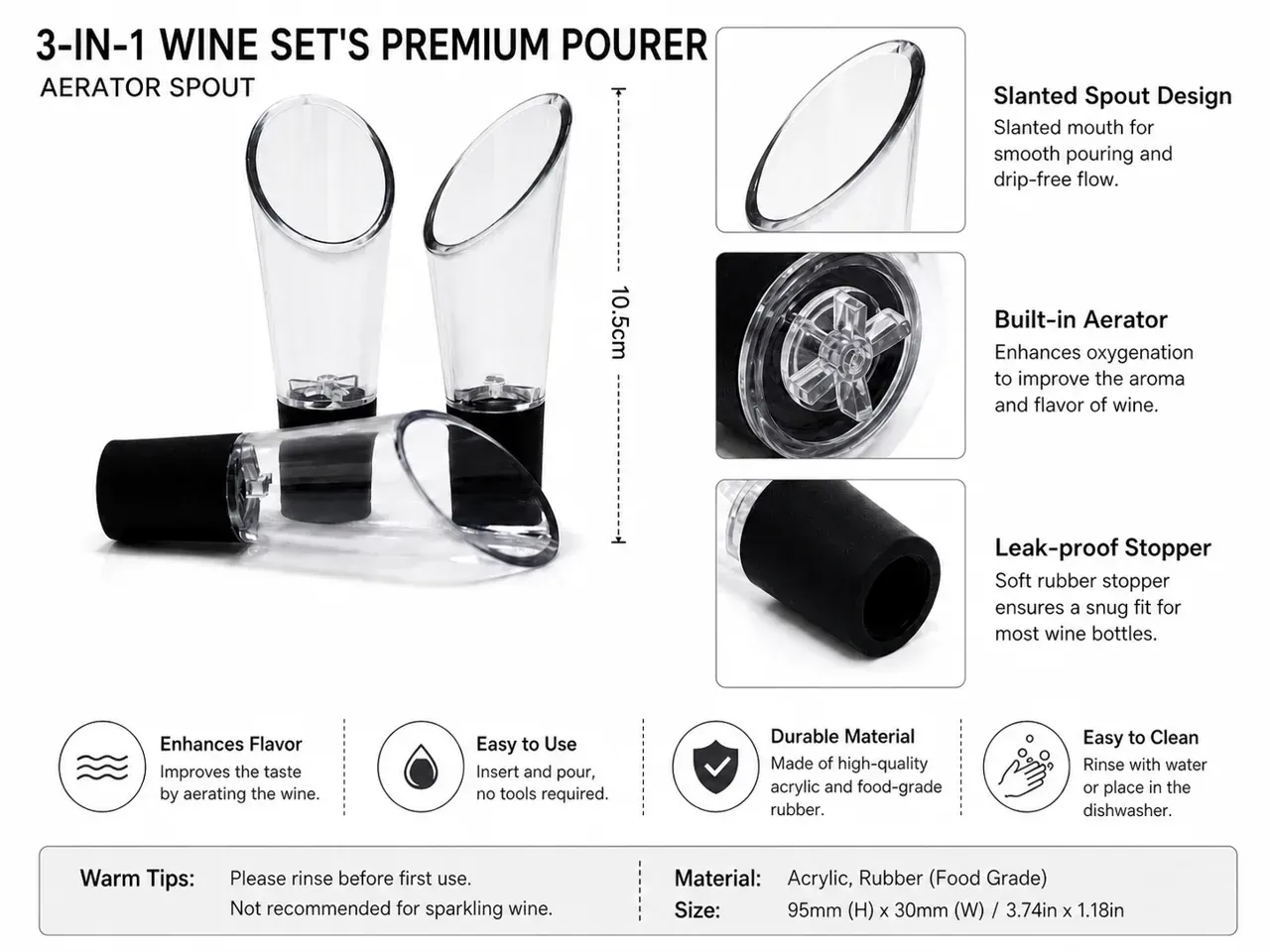 3-Piece Pneumatic Pen-Style Wine Opener Set (Wine Opener + Pourer + Vacuum Stopper)