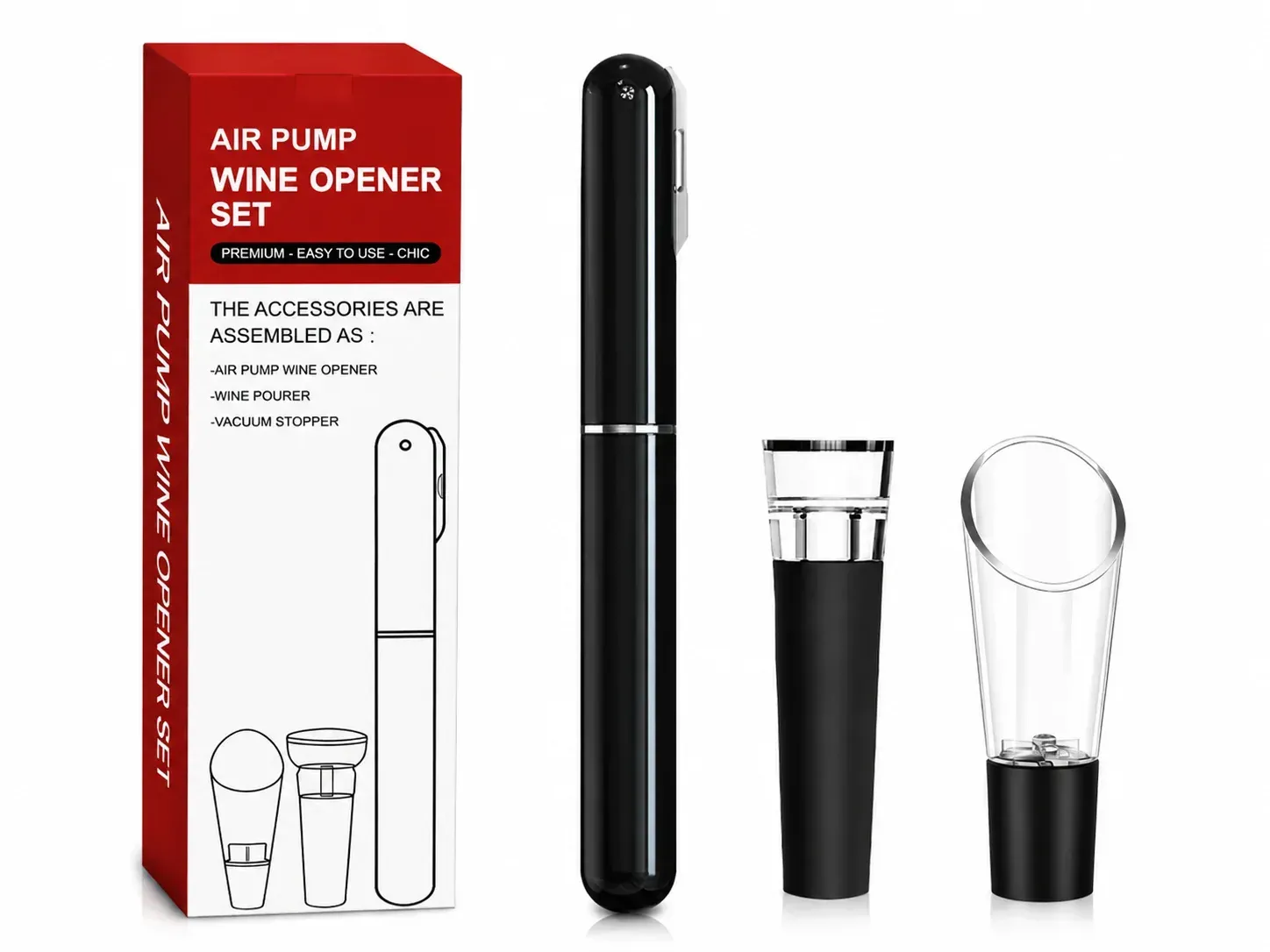 3-Piece Pneumatic Pen-Style Wine Opener Set (Wine Opener + Pourer + Vacuum Stopper)