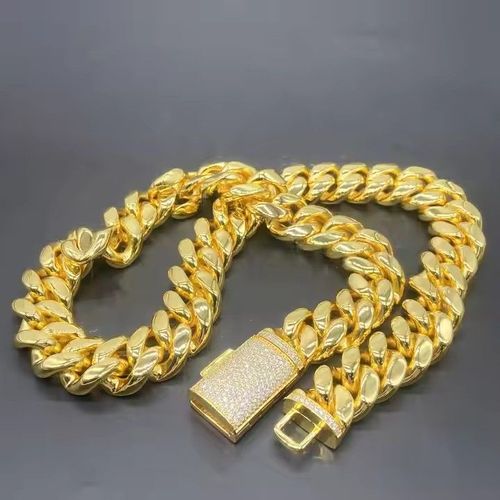 Colar de acessórios masculinos em formato de cadeia cubana, dourado por eletroplatação no vácuo, com 18 milímetros de largura, 70 centímetros de comprimento e 437 gramas de peso.（Liga, ouro não-puro）