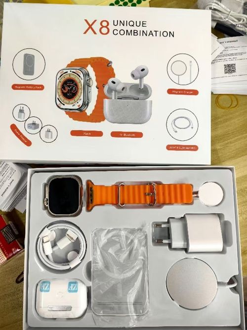 Conjunto combinado de relógio ultra inteligente X8 e fone de ouvido (Relógio, fone de ouvido sem fio, tesouro de carregamento sem fio, carregador sem fio da apple, carregador sem fio do fone de ouvido, cabo de dados da apple, cabeça do carregador)