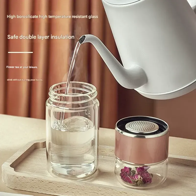 Tea-Infusing Glass Cup with Separate Compartment  Double-Walled Insulated Travel Tumbler