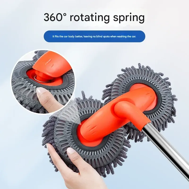 Car Washing Mop with Rotating and Telescoping Handle, Soft Bristle Brush, Long Handle, Dual-Head Car Cleaning Mop