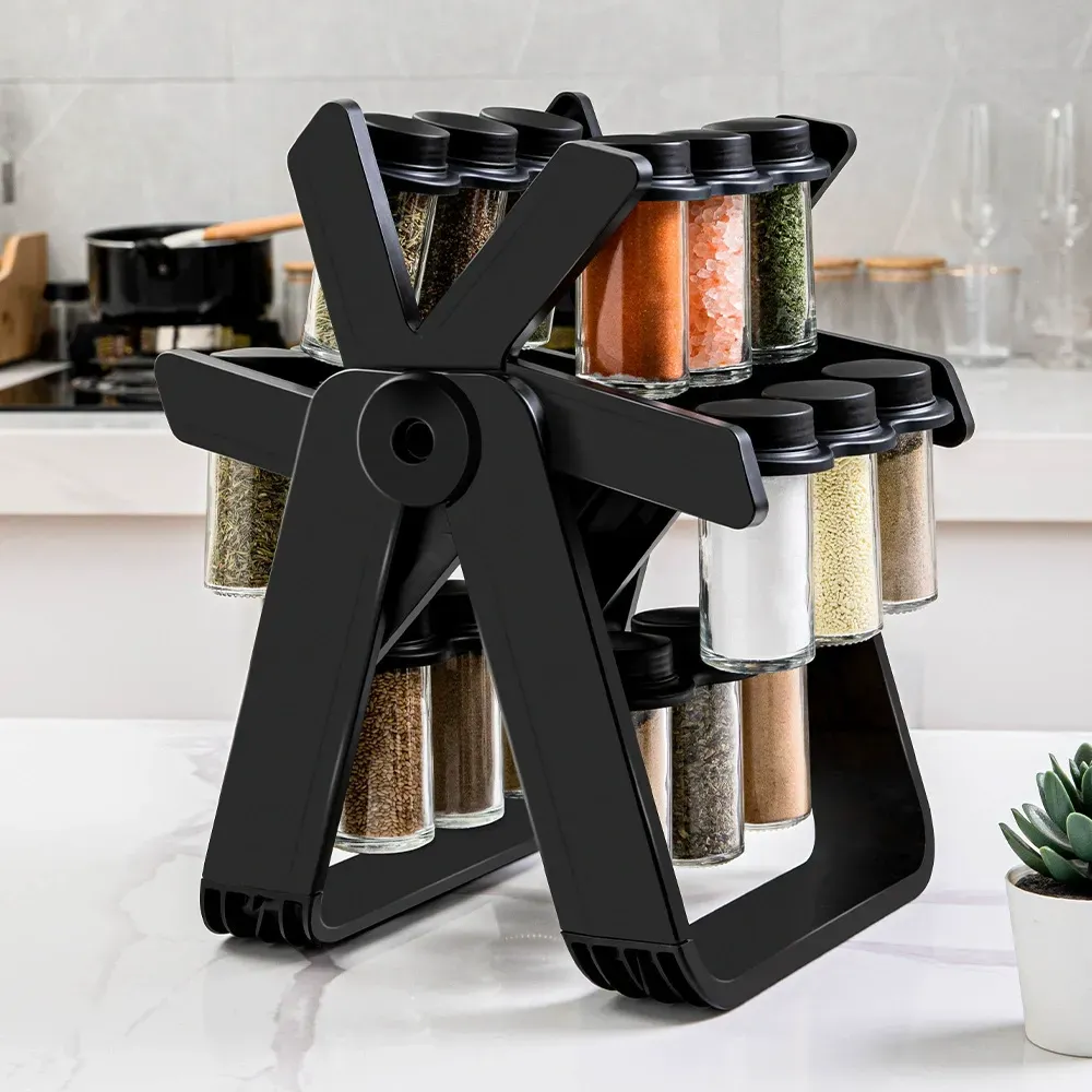 Rotating Spice Rack for Home – Kitchen Seasoning Storage Set with Glass Spice Jars, Organizer Shelf