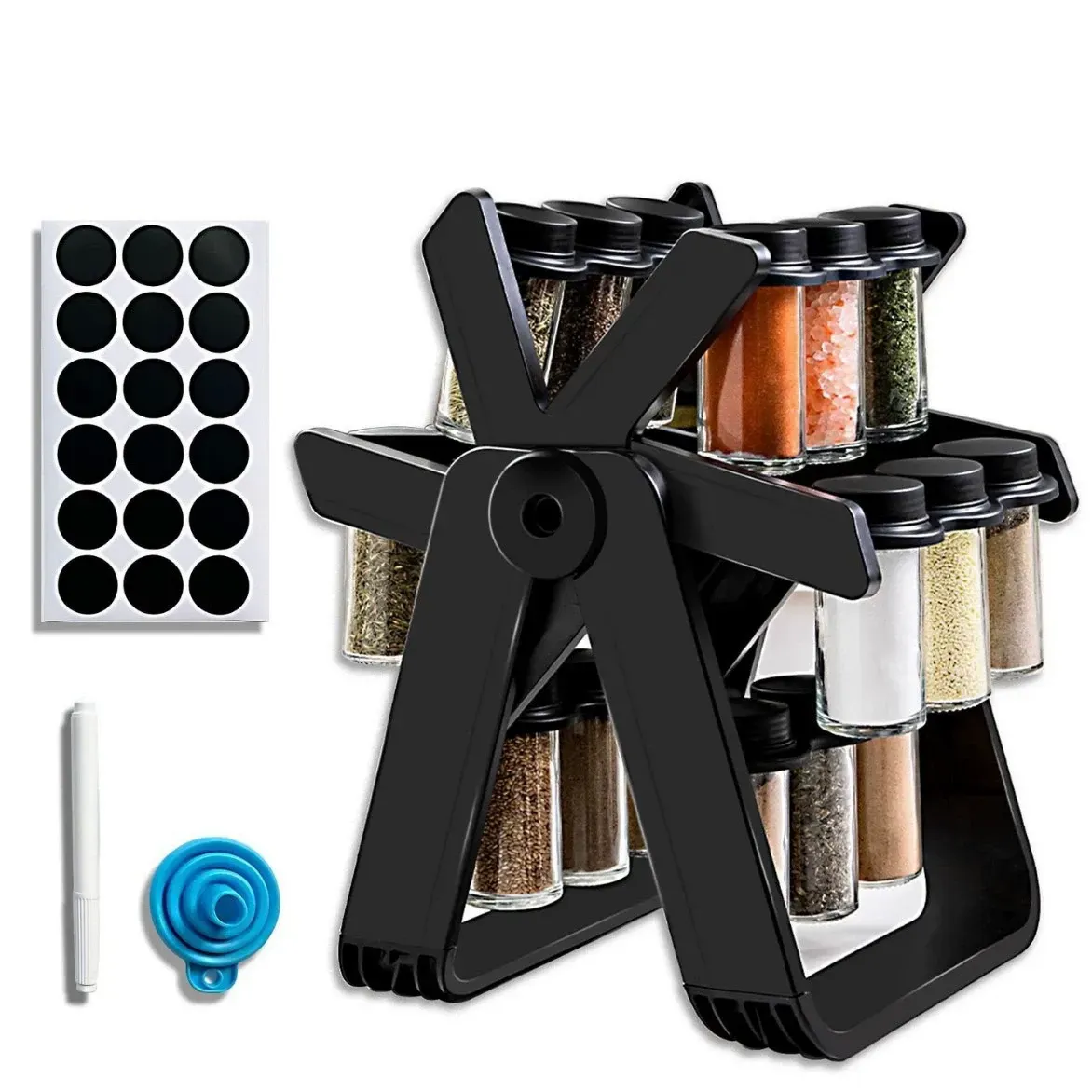 Rotating Spice Rack for Home – Kitchen Seasoning Storage Set with Glass Spice Jars, Organizer Shelf