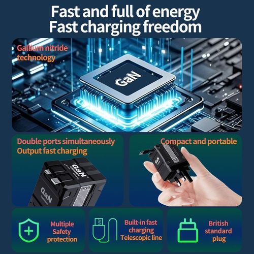 F2 GaN Fast Charger with 80cm Retractable Type-C to Lightning Cable, Compatible with Apple & Android Devices.