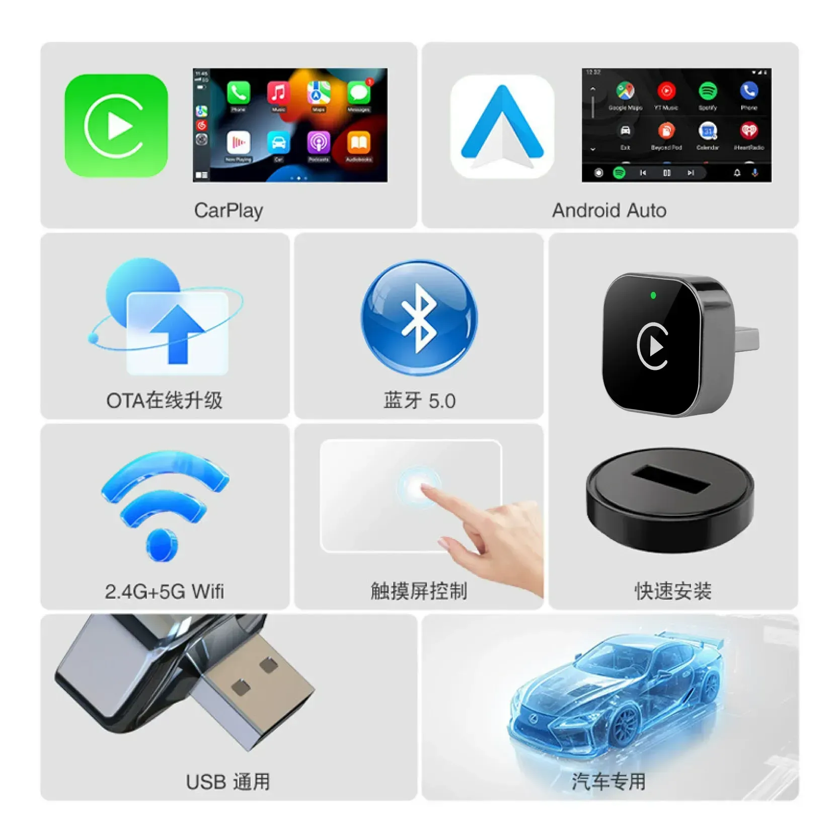 2-in-1 CarPlay Box, Wired to Wireless Android Auto Adapter, Car Connectivity Box