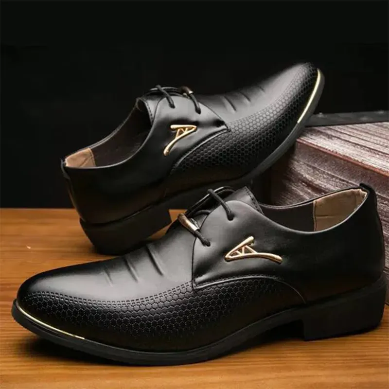 🔥 Elegant Black Leather Men's Dress Shoes – Gold Trim | 50% OFF Today Only 🔥