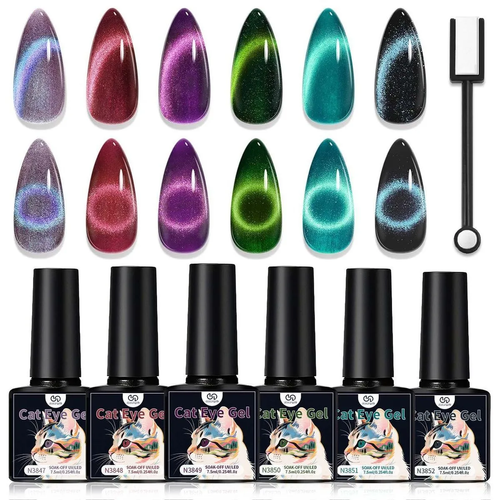 A set includes 12 cat-eye gel polish colors and a portable mini UV lamp.