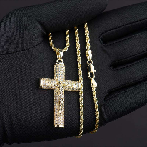 Large Gold-Plated Cuban Link Necklace with Full-Set Rhinestone Cross Pendant