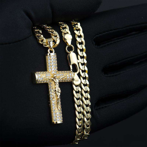 Large Gold-Plated Cuban Link Necklace with Full-Set Rhinestone Cross Pendant