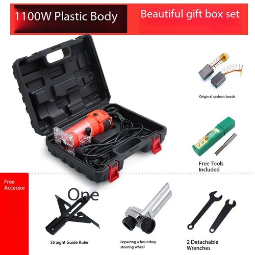 1100W Aluminum-Body Woodworking Trimmer Router – Industrial-Grade Multifunctional Tool for Inverted Mounting, Routing, Hole Cutting, and Aluminum-Plastic Panel Grooving  Includes Straight Guide, Roller Guide, Original Carbon Brushes, Router Bit, and Wrench.