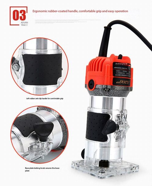 1100W Aluminum-Body Woodworking Trimmer Router – Industrial-Grade Multifunctional Tool for Inverted Mounting, Routing, Hole Cutting, and Aluminum-Plastic Panel Grooving  Includes Straight Guide, Roller Guide, Original Carbon Brushes, Router Bit, and Wrench.