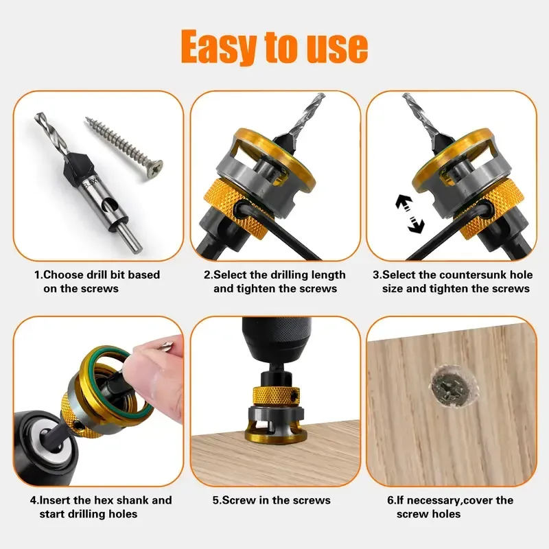 4PCS HCS (High Carbon Steel) 4-Blade Countersink Drill Bit Set with Adjustable Depth Stop, L-Shape Wrench, Work Tools for Precision Drilling, Suitable for Wood and Plastic, Tool Included for Drilling in Wood and Plastic