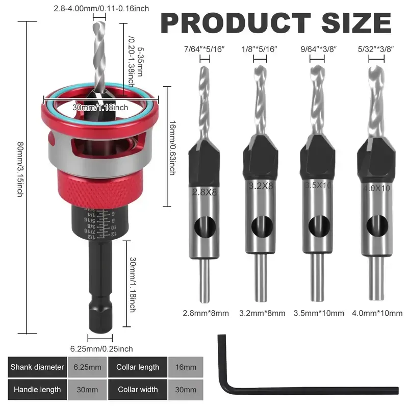 4PCS HCS (High Carbon Steel) 4-Blade Countersink Drill Bit Set with Adjustable Depth Stop, L-Shape Wrench, Work Tools for Precision Drilling, Suitable for Wood and Plastic, Tool Included for Drilling in Wood and Plastic