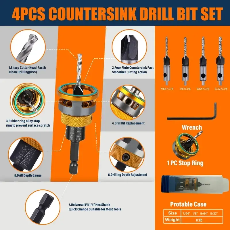 4PCS HCS (High Carbon Steel) 4-Blade Countersink Drill Bit Set with Adjustable Depth Stop, L-Shape Wrench, Work Tools for Precision Drilling, Suitable for Wood and Plastic, Tool Included for Drilling in Wood and Plastic