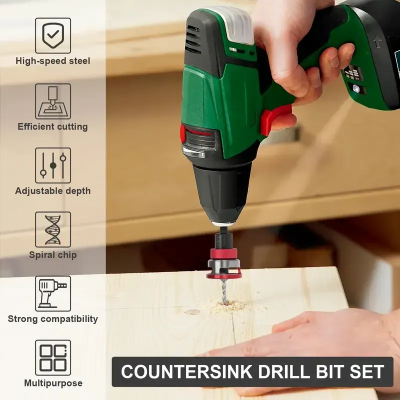 4PCS HCS (High Carbon Steel) 4-Blade Countersink Drill Bit Set with Adjustable Depth Stop, L-Shape Wrench, Work Tools for Precision Drilling, Suitable for Wood and Plastic, Tool Included for Drilling in Wood and Plastic