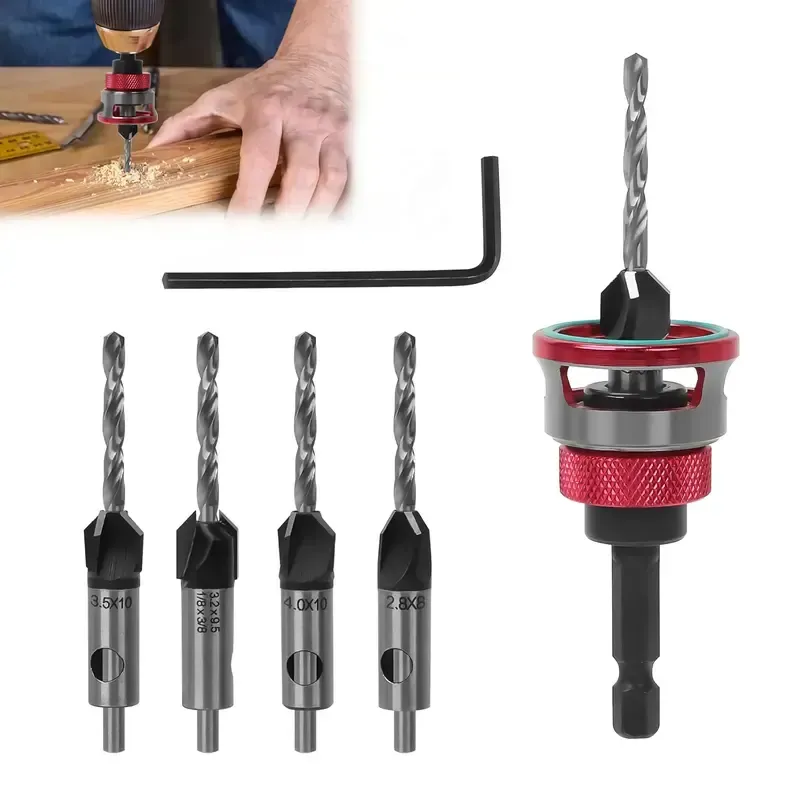 4PCS HCS (High Carbon Steel) 4-Blade Countersink Drill Bit Set with Adjustable Depth Stop, L-Shape Wrench, Work Tools for Precision Drilling, Suitable for Wood and Plastic, Tool Included for Drilling in Wood and Plastic