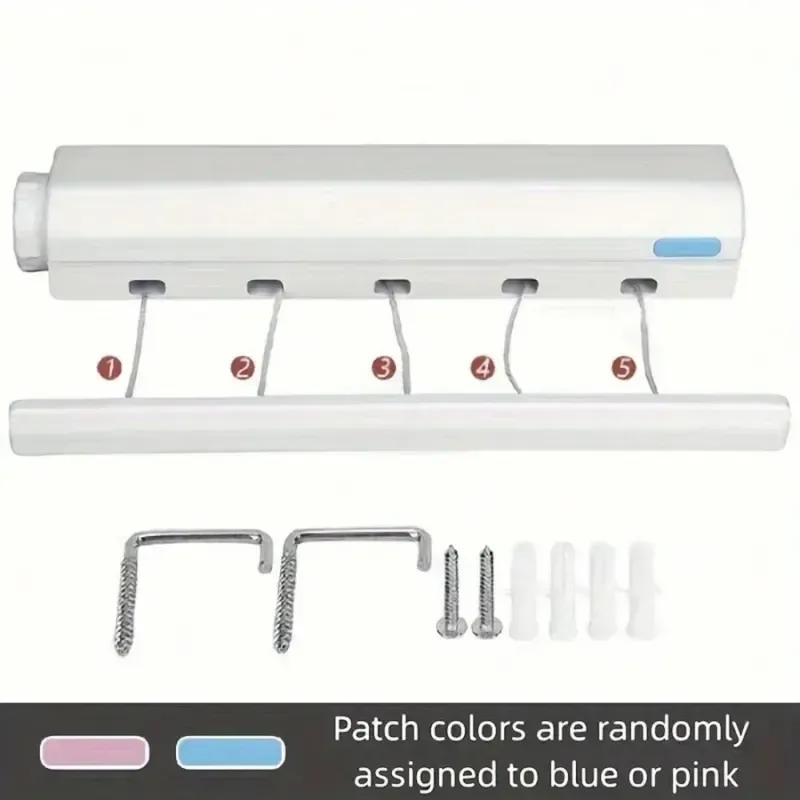 Retractable 5-Line (3.7m) Clothes Dryer with Hooks – Spring-loaded, drill-free wall-mounted design suitable for drying children's clothing and towels.
