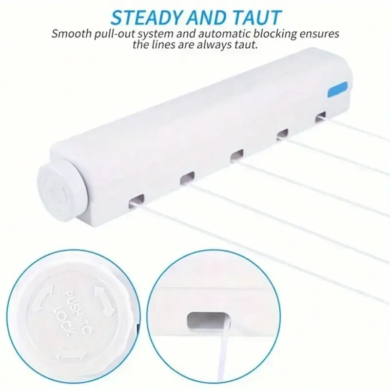 Retractable 5-Line (3.7m) Clothes Dryer with Hooks – Spring-loaded, drill-free wall-mounted design suitable for drying children's clothing and towels.